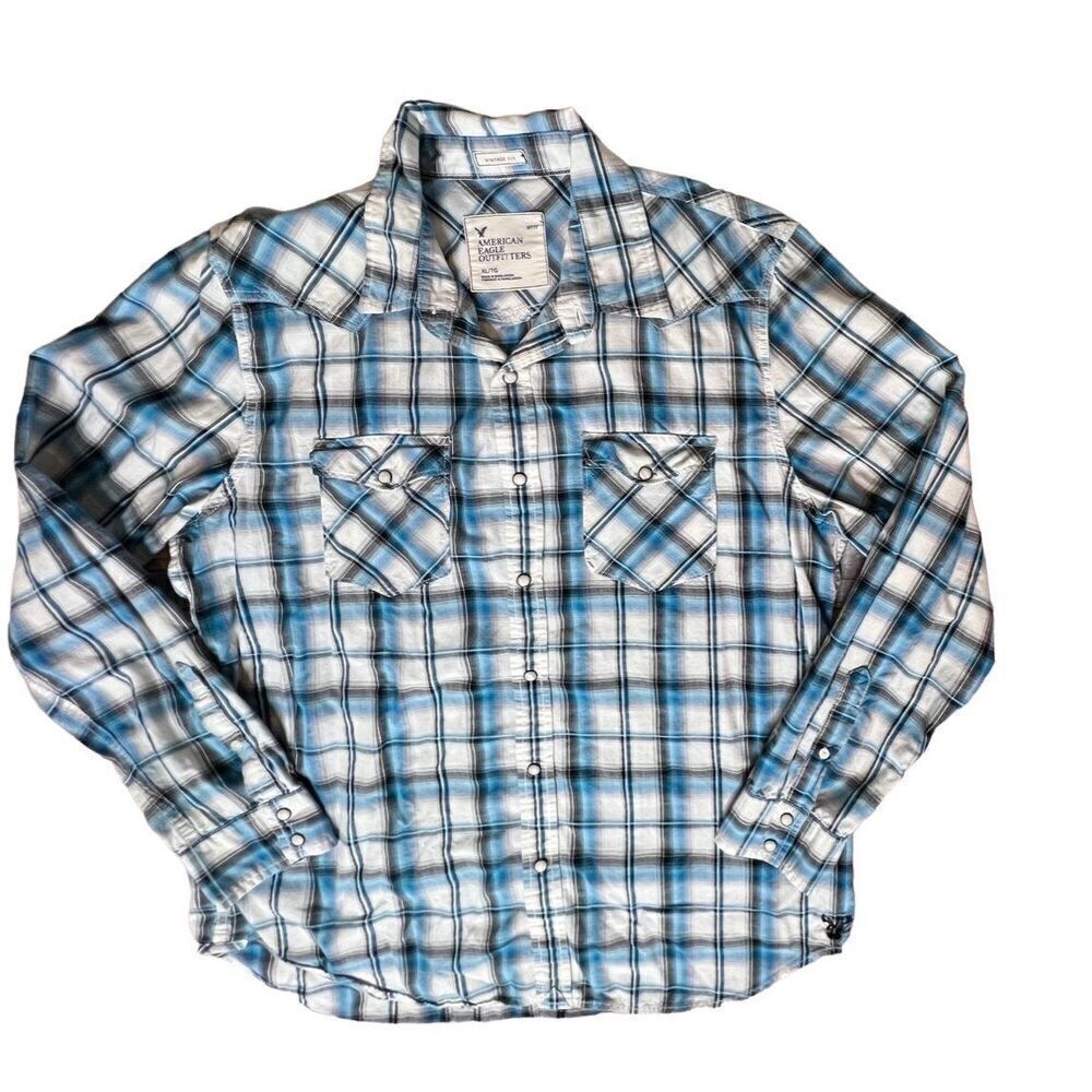 American Eagle Blue Plaid Western Pearl Snap Shirt sz XL Vintage‎ Fit NWOT
